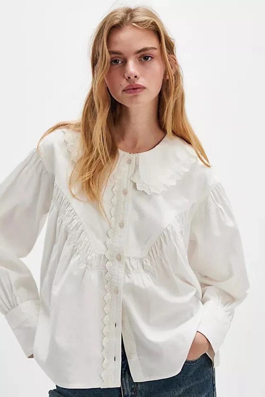 Free People We The Free Summit Shirt White Lace Collar Button Front Blouse